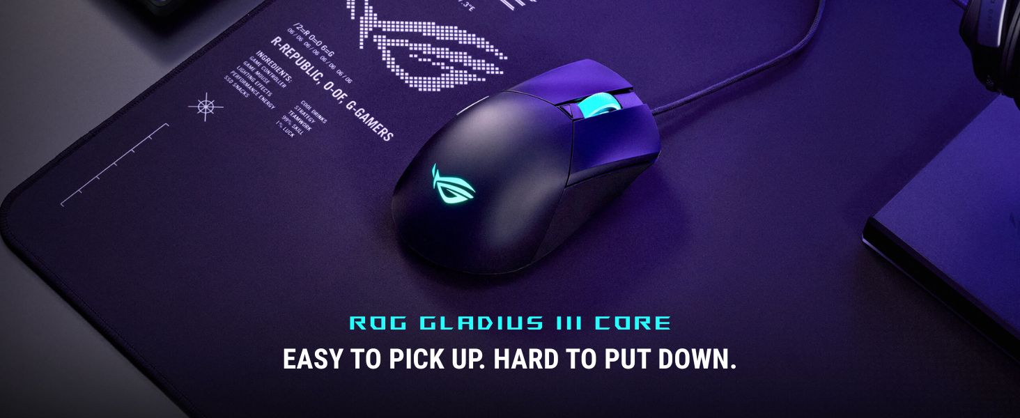 ASUS ROG Gladius III Core with RGB lighting on a mouse pad