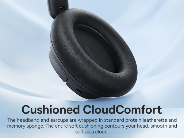 Text reads: 'Cushioned CloudComfort. The headband and earcups are wrapped in standard-process leatherette and memory sponge. The entire unit weightlessly cushions your head, smooth and light.'