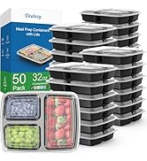 50 Pack (100-Piece) 32 oz Meal Prep Containers Reusable with Lids 3-Compartment, To Go Take Out P...
