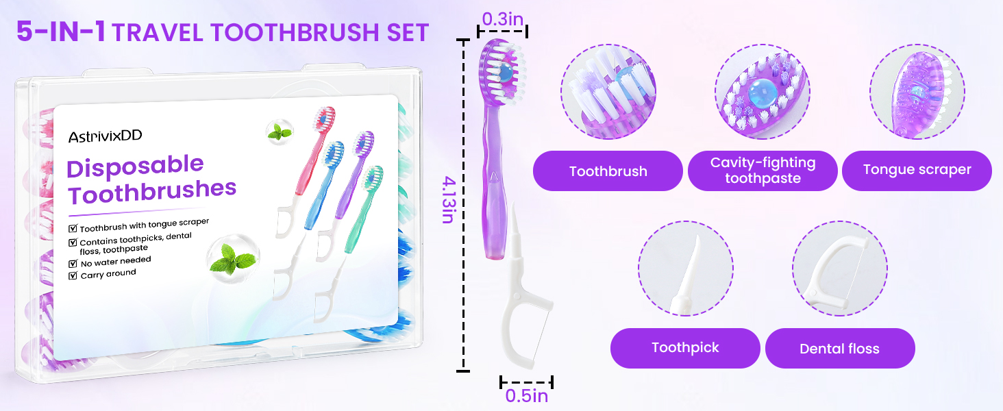 5-in-1 Mini Toothbrush Disposable with Toothpaste Floss Tongue Scraper Toothpick