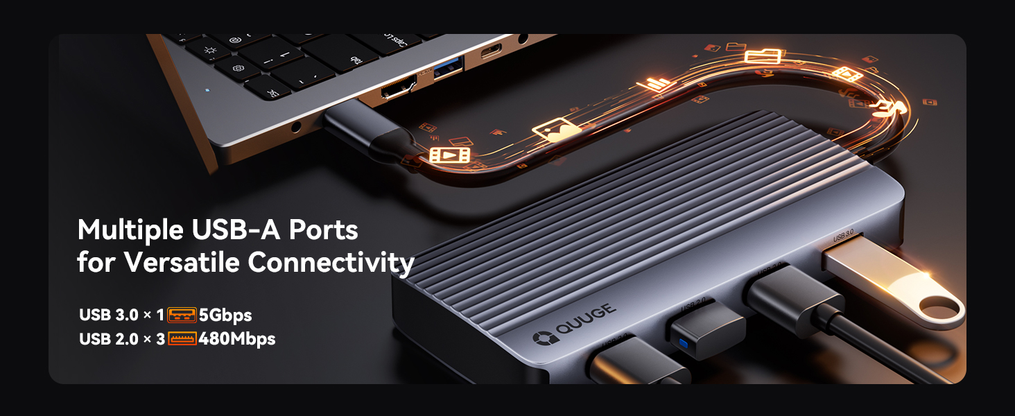 Text reads 'Multiple USB-A Ports' and 'for Versatile Connectivity'. Black USB hub device displayed from multiple angles showing ports and connections.