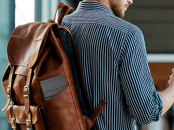 Series of images showing leather messenger bag or briefcase worn with striped business attire, highlighting various carrying positions and usage scenarios.