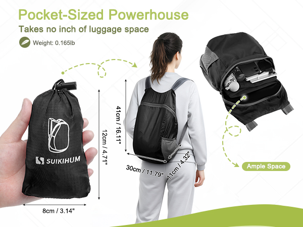 SUIKIHUM backpack: compact size, ample space, lightweight (0.165lb).