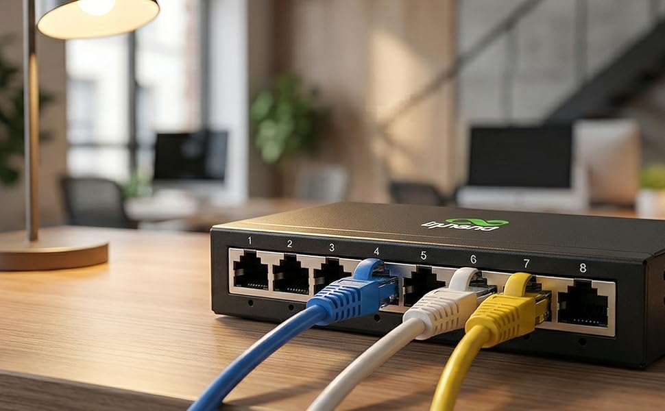 Network switch or router device on wooden surface with multiple ethernet cables connected showing yellow, blue colors.