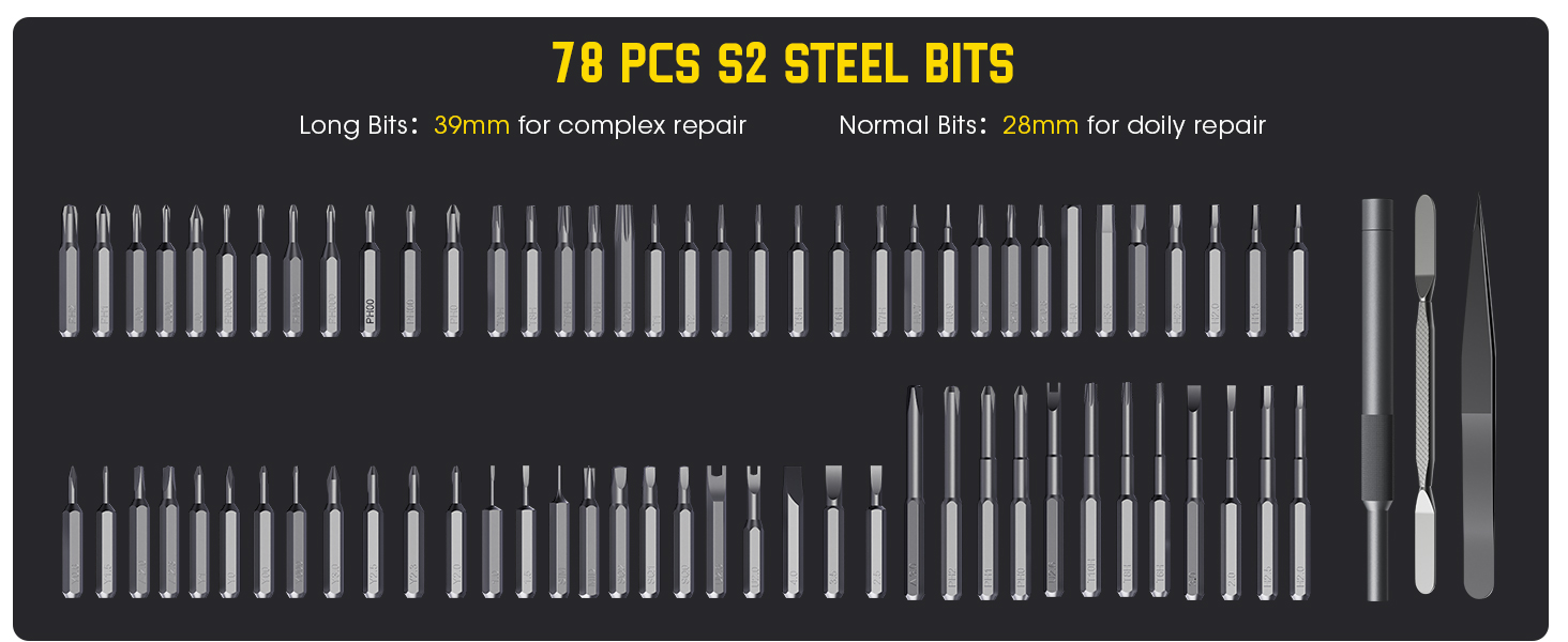 Text reads '78 PCS S2 STEEL BITS'. Product display showing organized arrangement of steel drill bits or tool attachments in a storage case with multiple sizes.