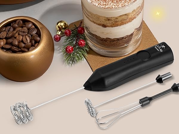 Handheld frother with multiple whisk attachments — excellent Christmas gift for home baristas.