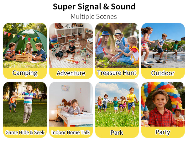 Text reads 'Super Signal &amp; Sound Multiple Scenes' with 8 labeled activities: 'Camping', 'Adventure', 'Treasure Hunt', 'Outdoor', 'Game Hide &amp; Seek', 'Indoor Home Talk', 'Park', 'Party' showing various activity scenes.
