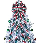 Christmas Tree Topper Bow Large Green Christmas Wreath Bow Tree Topper, Flocking Fabric with Whit...