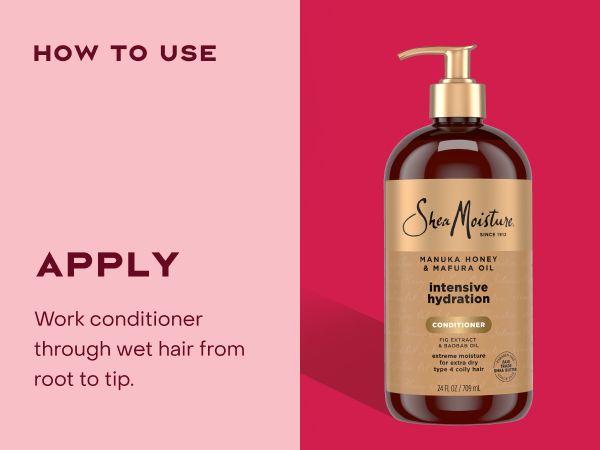 Image of the SheaMoisture Intensive Hydration Conditioner bottle, next to applying instructions.