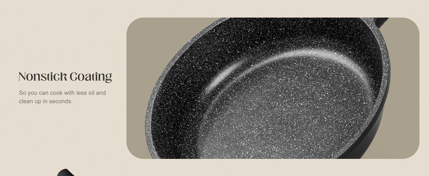 nonstick frying pan with silicone handle, ease of cleaning, works well on all cooktops, durable