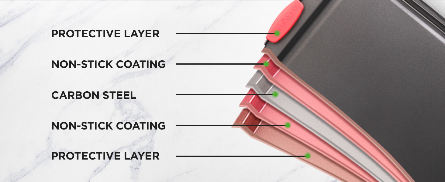 cross section of layered carbon steel baking pan showing non stick coating and durable oven tray