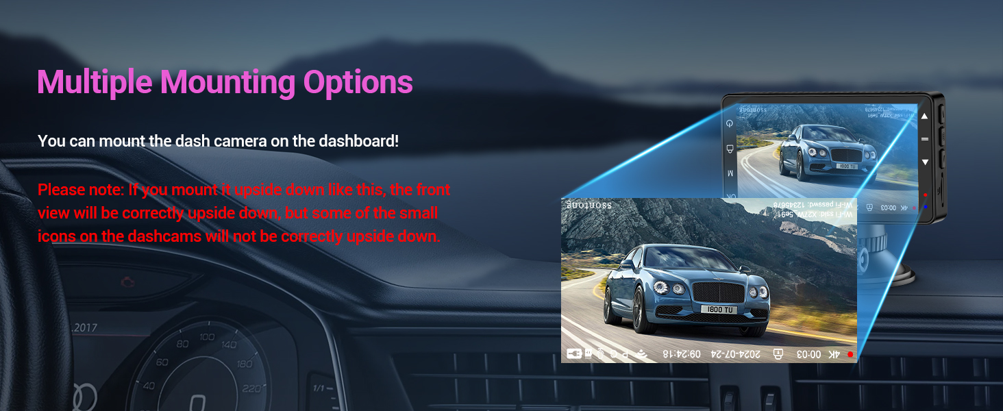 Infographic showing car dashboard with multiple camera mounting options. Blue overlay indicates potential camera placement for capturing road views.