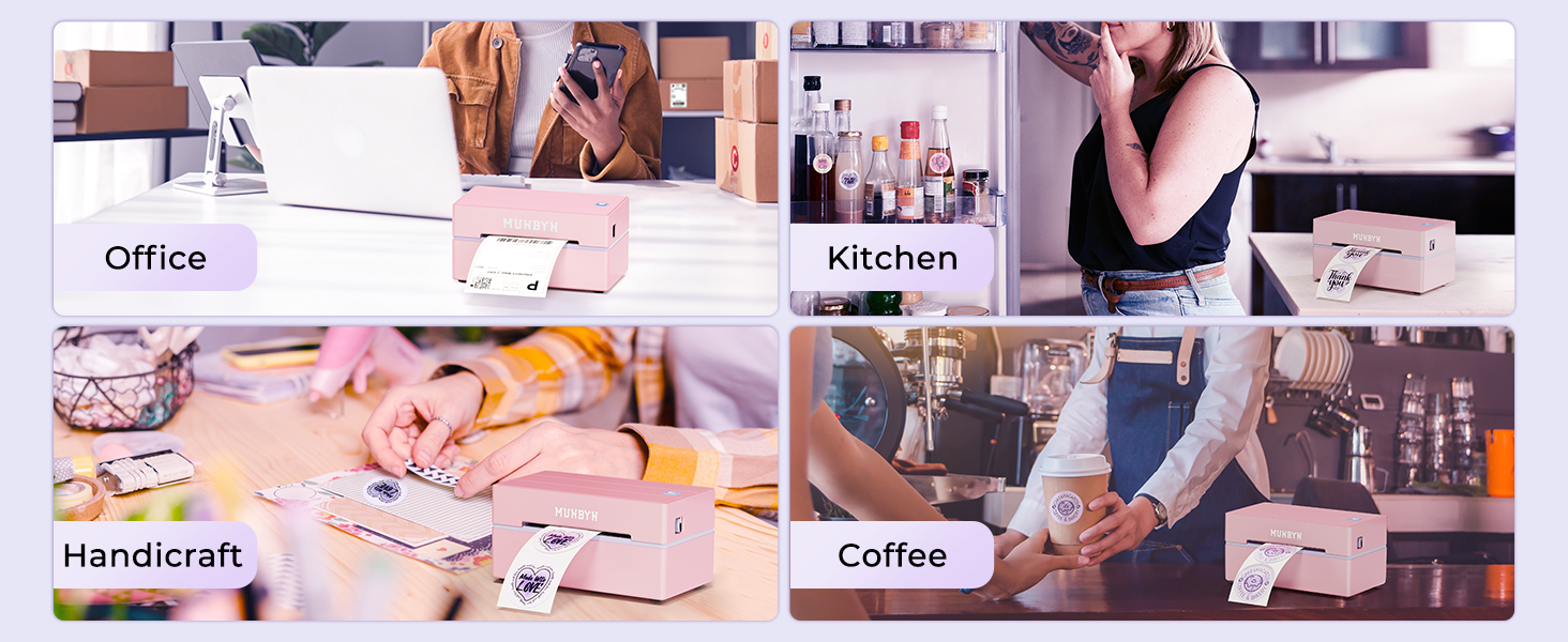 Collage of pink devices in various settings: office desk, kitchen counter, craft table, and coffee shop. Devices appear to be compact printers or label makers.