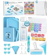 Resin art kit including blue molds, colorful resin, tools, and accessories. Packaging shows finished designs and piece count.
