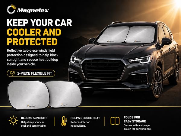 Magnelex two-piece windshield sunshade helps block sunlight and reduce heat.