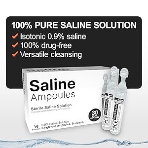 30-count saline ampoules box: 100% pure, drug-free 0.9% isotonic saline, versatile cleansing ready!