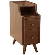 AQIMUELE Small Nightstand with Drawers, Solid Wood Bedside Table, Narrow Walnut Nightstand for Be...