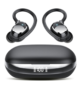 Wireless earbuds with ear hooks and a charging case, designed for secure fit during physical activities.