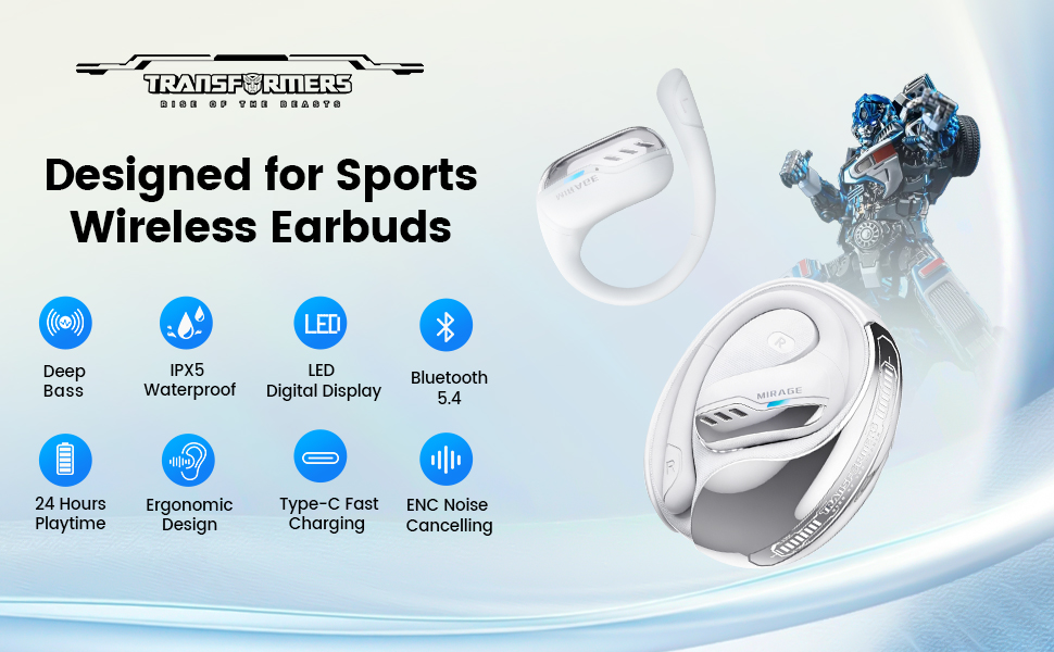 Transformers Open Ear Wireless Headphones Bluetooth 5.4 for Run, Over The Ear Waterproof Earbuds