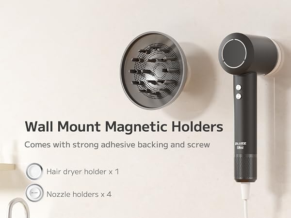 Wall mount magnetic holders for hair dryer and nozzles. Set includes one circular holder for dryer and four smaller holders for attachments. Strong adhesive backing and screw mounting options.