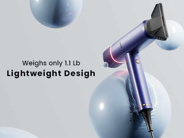Text reads 'Weighs only 1.1 Lb Lightweight Design'. Purple handheld device shown against light background with spherical elements.
