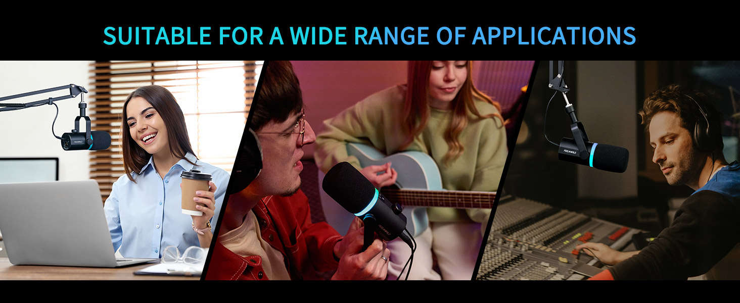 Collage of four images showing people using microphones in different settings, including office, studio, and radio environments. Text reads 'SUITABLE FOR A WIDE RANGE OF APPLICATIONS'.