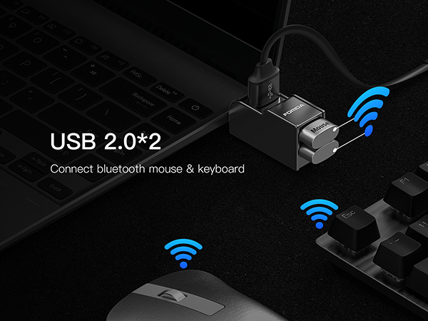 Text reads 'USB 2.0*2'. Technical product image showing USB ports with wireless connectivity icons, depicted on dark background with blue wifi symbols.