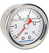 MEASUREMAN 1-1/2" Dial Size, Glycerin Filled Fuel Pressure Gauge, 304 Stainless Steel case, 0-15P...