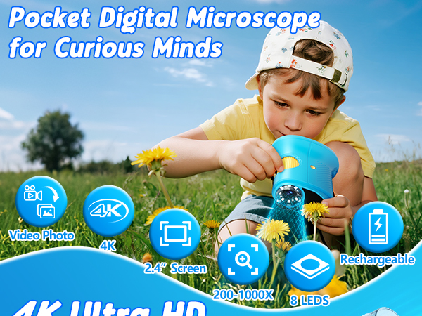 Pocket digital microscope for 4-12 kids 2.4" screen can take photo &amp; video