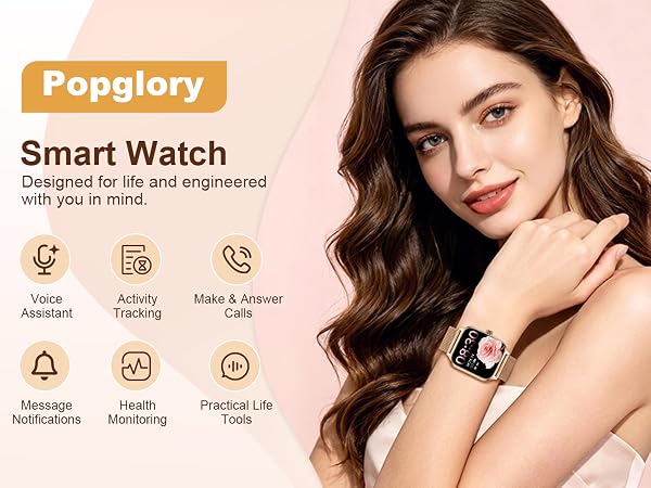 Text reads 'Popglory Smart Watch' with feature icons showing fitness tracking, heart rate, notifications, sleep monitoring, and weather. Woman wearing rose-gold smartwatch.