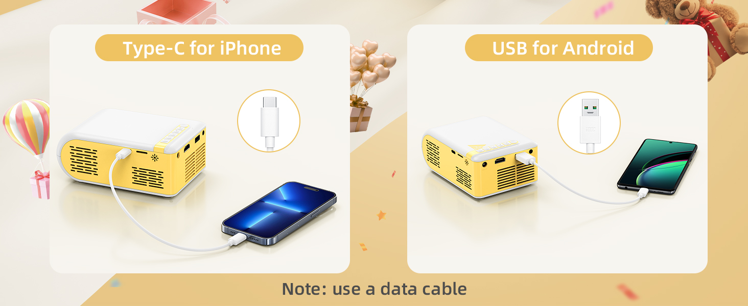 Mini Projector with Type-C and USB Ports for iPhone and Android Connection