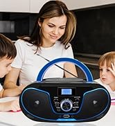 Portable CD player and radio with blue accents on a table. Features digital display, USB port, and carrying handle. Adults and children gathered around it.