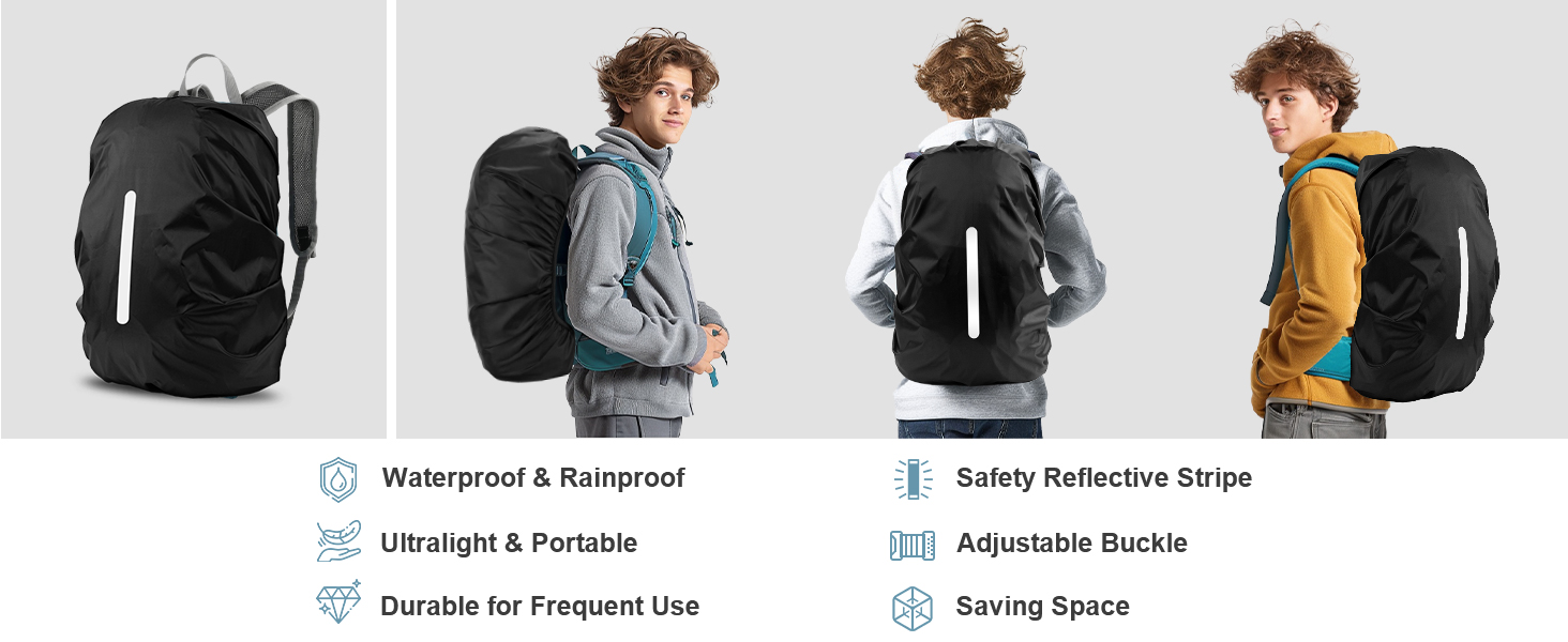 Black backpack with waterproof, rainproof, and durable features. Shown on models in different colors, with reflective stripe and adjustable buckle for safety and comfort.