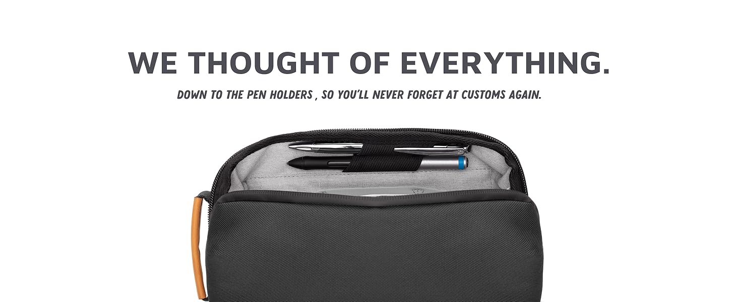 Top pen holder in a tech travel pouch