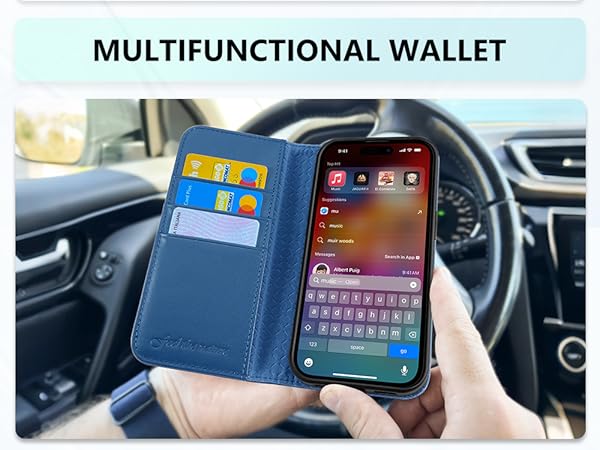 Text reads 'MULTIFUNCTIONAL WALLET'. Navy blue wallet case holding smartphone, displaying credit card slots and phone interface inside car interior setting.