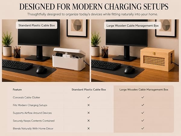Comparison between standard plastic and premium wooden cable management boxes.