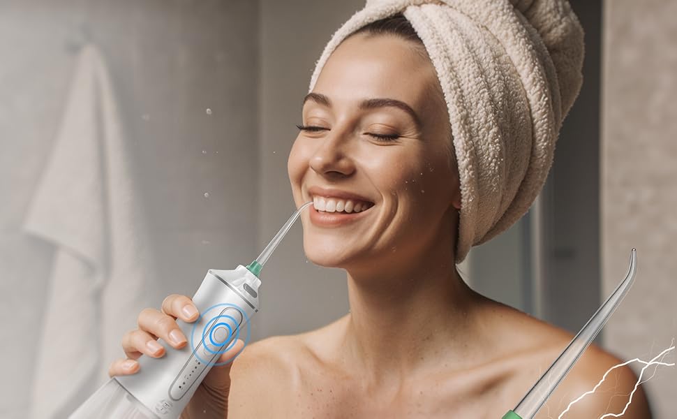 Woman using TBPO cordless water flosser in bathroom for daily oral care