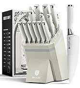 BRODARK 15-Piece White Kitchen Knife Set with Block and Sharpening Rod, Full Tang German Stainles...