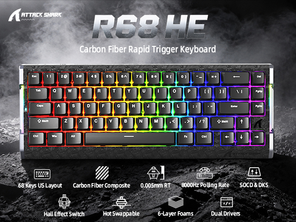 ATTACK SHARK R68 HE 60% Wired Rapid Trigger 8K Mechanical RGB Gaming Keyboard with 0.005mm Accuracy