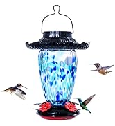 Muse Garden Solar Hummingbird Feeders for Outdoors Hanging, 38oz Hand Blown Glass Humming Bird Fe...