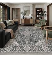 HUGEAR Retro Black Area Rug 8x10 Machine Washable Living Room Rugs Distressed Vintage Floral Low ...