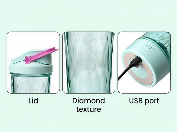 Close-up of shaker bottle lid, diamond-textured cup, USB port, and auto-stirring base.