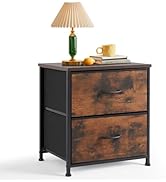 Nightstand, Small 2 Drawer Dresser End Table Bedside Furniture, Wooden Top Fabric Bins for Bedroo...