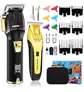 Collection of hair clipper accessories including various colored guide combs, attachments, cleaning tools, and storage cases in black and yellow colors.