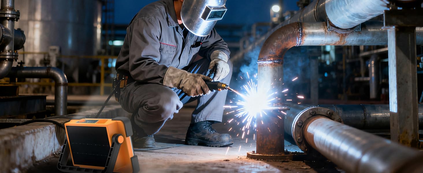 Welder fabricating metal pipe with sparks beside rechargeable LED work light on factory floor