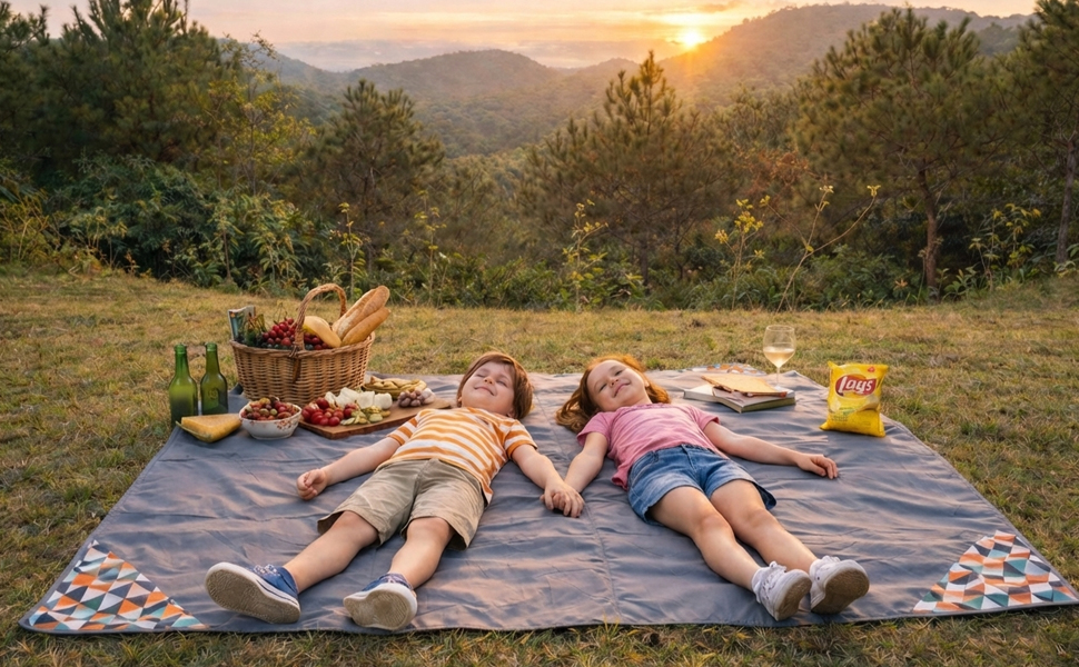 Water resistant picnic blanket for family weekends, outdoor festivals and lawn seating.