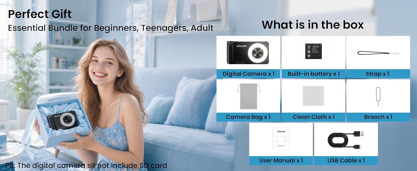 Text reads 'Perfect Gift', 'Essential kits for beginners, Teenagers, Adults', 'What is in the box'. Woman holding camera on blue background; product box contents display showing camera, lens, cables, and accessories below.