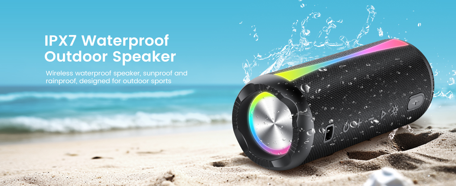 Text reads 'IPX7 Waterproof Outdoor Speaker'. Black portable speaker shown in water splashing environments demonstrating waterproof capabilities with pink accents.