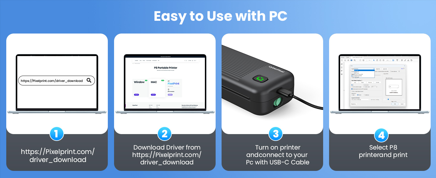 Text reads 'Easy to Use with PC'. Interface diagram showing multiple computer screens and device icons illustrating a connection or setup process.