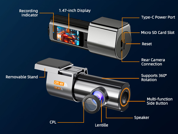 Technical diagram of dashcam device showing components including LCD display, Type-C power port, micro SD slot, camera, speaker, and removable stand.